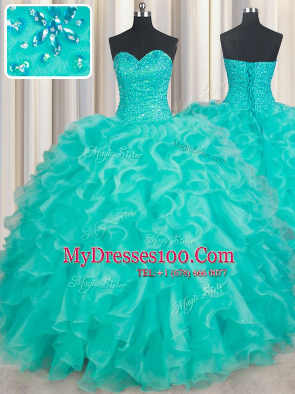 Beading and Ruffles 15th Birthday Dress Turquoise Lace Up Sleeveless Floor Length