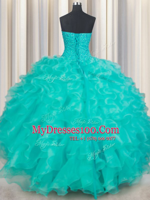 Beading and Ruffles 15th Birthday Dress Turquoise Lace Up Sleeveless Floor Length