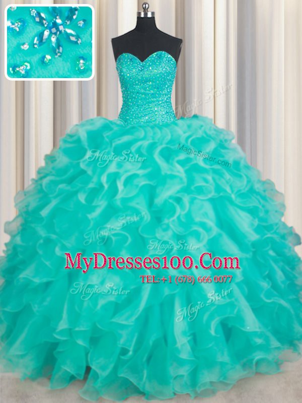 Beading and Ruffles 15th Birthday Dress Turquoise Lace Up Sleeveless Floor Length