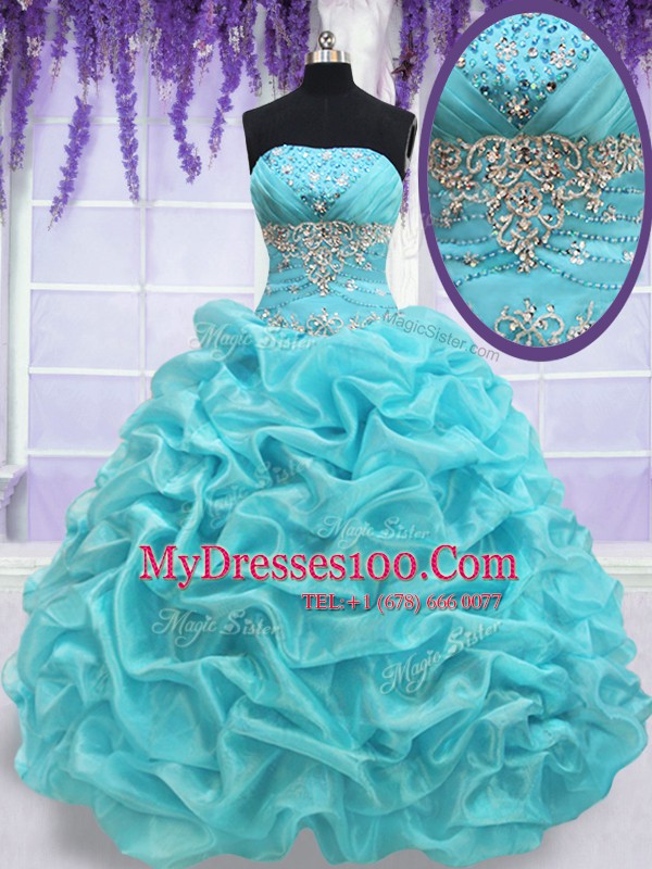 Aqua Blue Lace Up Strapless Beading and Pick Ups Quinceanera Dress Organza Sleeveless
