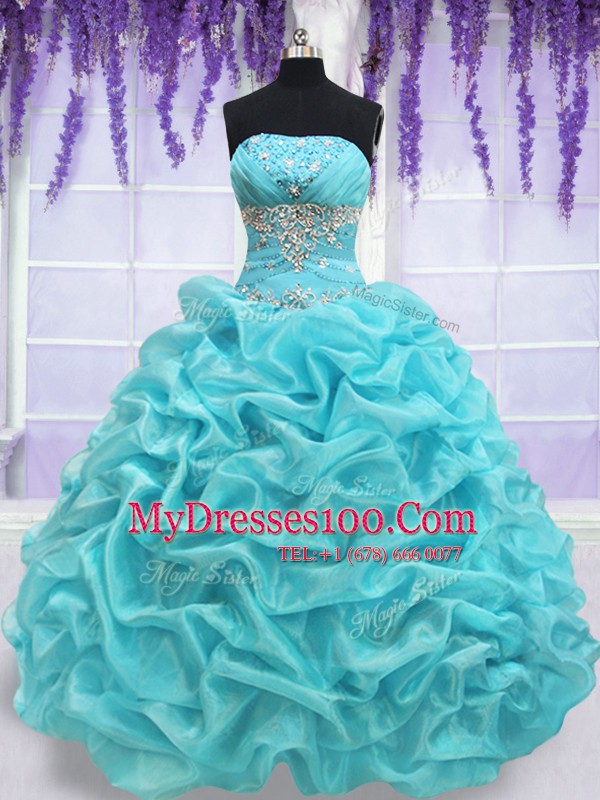 Aqua Blue Lace Up Strapless Beading and Pick Ups Quinceanera Dress Organza Sleeveless