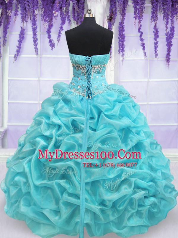 Aqua Blue Lace Up Strapless Beading and Pick Ups Quinceanera Dress Organza Sleeveless