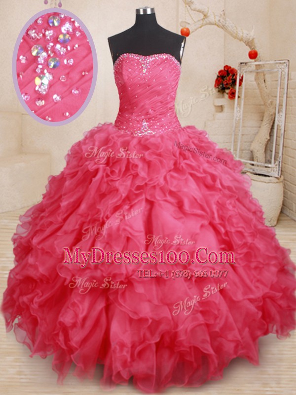Vintage Coral Red Sweetheart Lace Up Beading and Ruffles Sweet 16 Dress Sleeveless