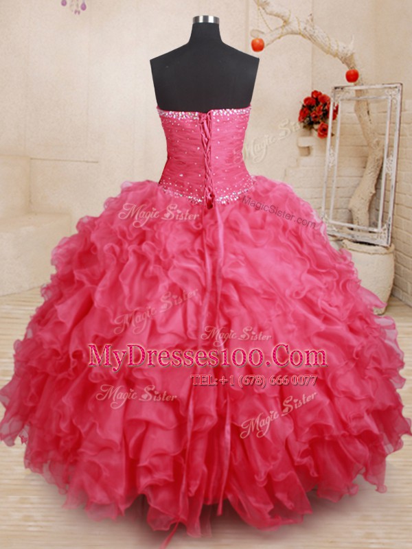 Vintage Coral Red Sweetheart Lace Up Beading and Ruffles Sweet 16 Dress Sleeveless