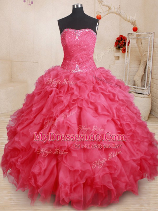 Vintage Coral Red Sweetheart Lace Up Beading and Ruffles Sweet 16 Dress Sleeveless