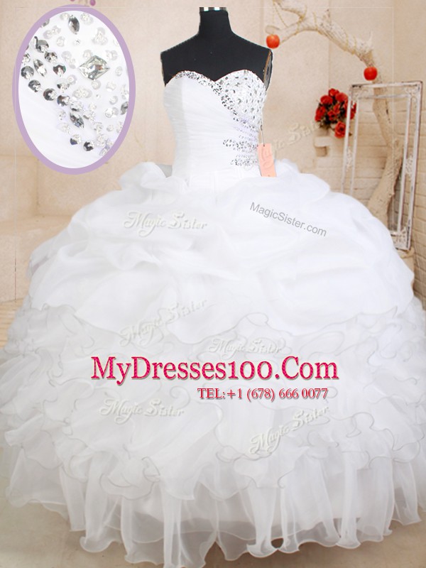 High End White Organza Zipper Quince Ball Gowns Sleeveless Floor Length Beading and Ruffles and Pick Ups