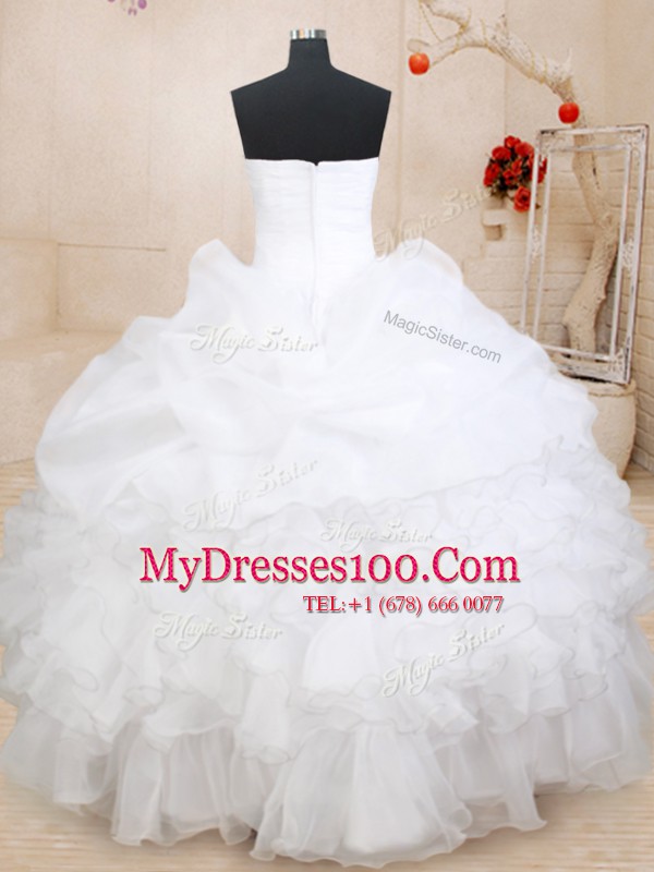 High End White Organza Zipper Quince Ball Gowns Sleeveless Floor Length Beading and Ruffles and Pick Ups
