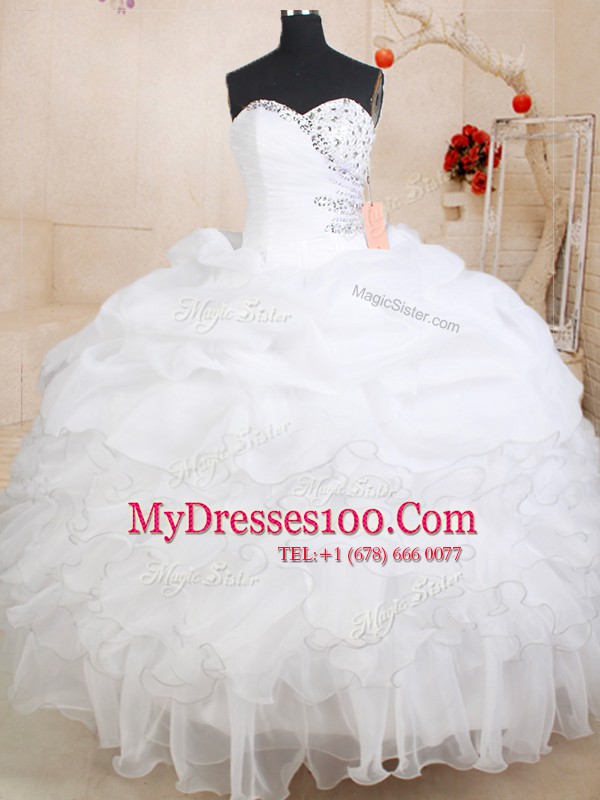 High End White Organza Zipper Quince Ball Gowns Sleeveless Floor Length Beading and Ruffles and Pick Ups