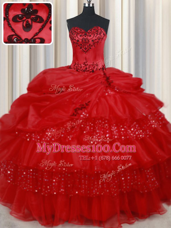 Trendy Red Sweetheart Lace Up Embroidery and Ruffled Layers and Sequins and Pick Ups Quinceanera Dress Sleeveless