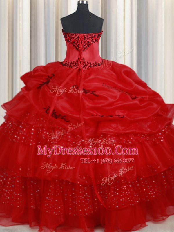 Trendy Red Sweetheart Lace Up Embroidery and Ruffled Layers and Sequins and Pick Ups Quinceanera Dress Sleeveless