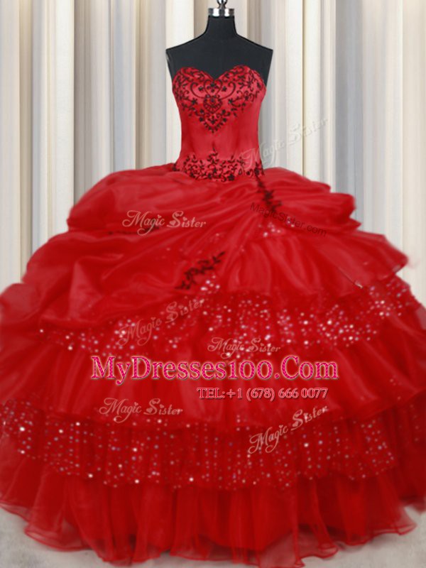 Trendy Red Sweetheart Lace Up Embroidery and Ruffled Layers and Sequins and Pick Ups Quinceanera Dress Sleeveless