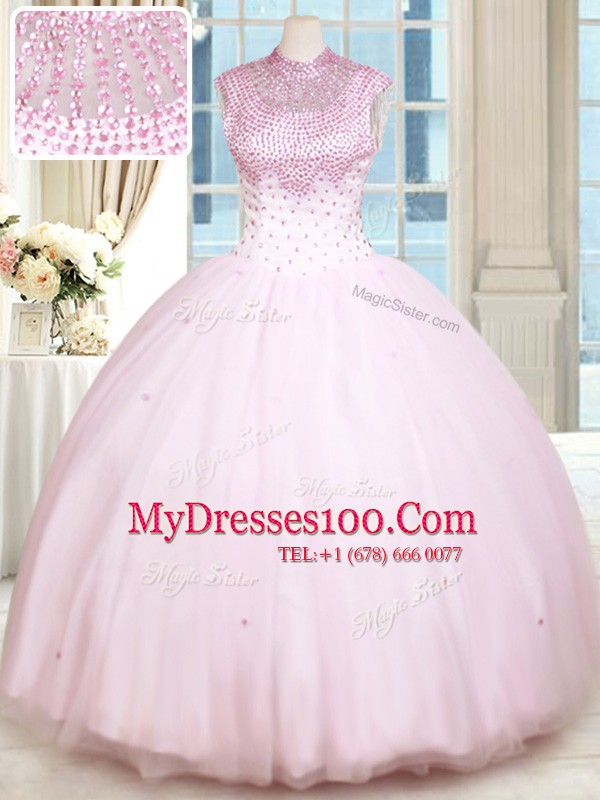 Baby Pink Satin and Tulle Lace Up Ball Gown Prom Dress Sleeveless Floor Length Beading