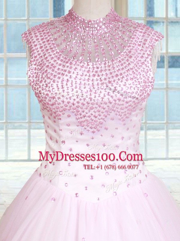 Baby Pink Satin and Tulle Lace Up Ball Gown Prom Dress Sleeveless Floor Length Beading