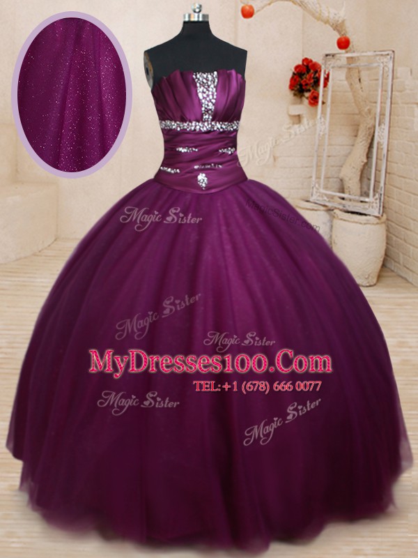 Dark Purple Sleeveless Beading Floor Length Quinceanera Gowns