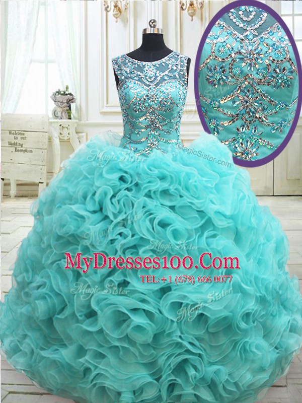Fashion See Through Fabric with Rolling Flowers Aqua Blue Scoop Lace Up Beading Vestidos de Quinceanera Sleeveless