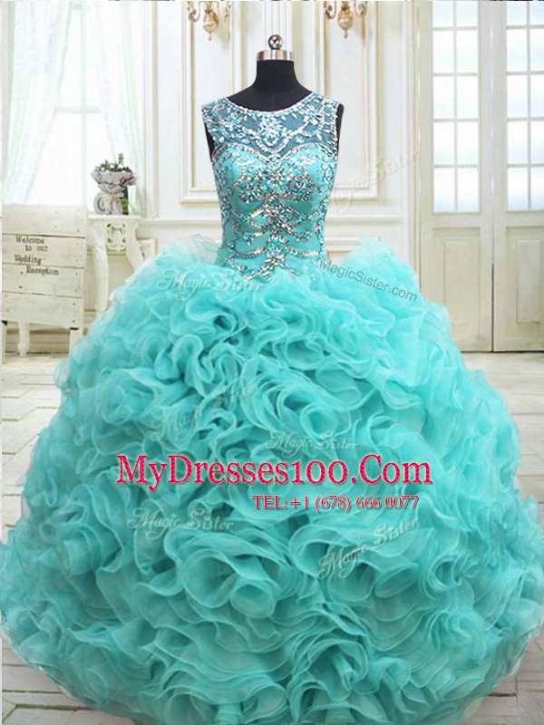 Fashion See Through Fabric with Rolling Flowers Aqua Blue Scoop Lace Up Beading Vestidos de Quinceanera Sleeveless