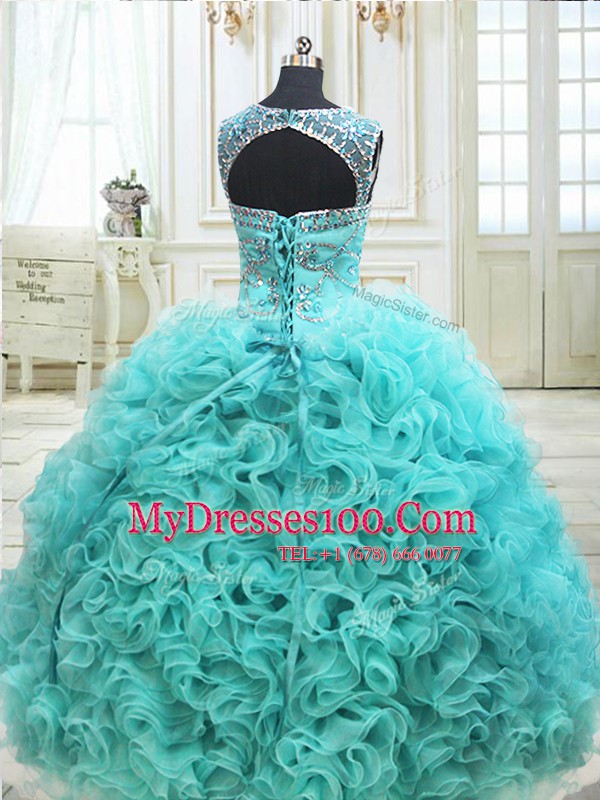 Fashion See Through Fabric with Rolling Flowers Aqua Blue Scoop Lace Up Beading Vestidos de Quinceanera Sleeveless