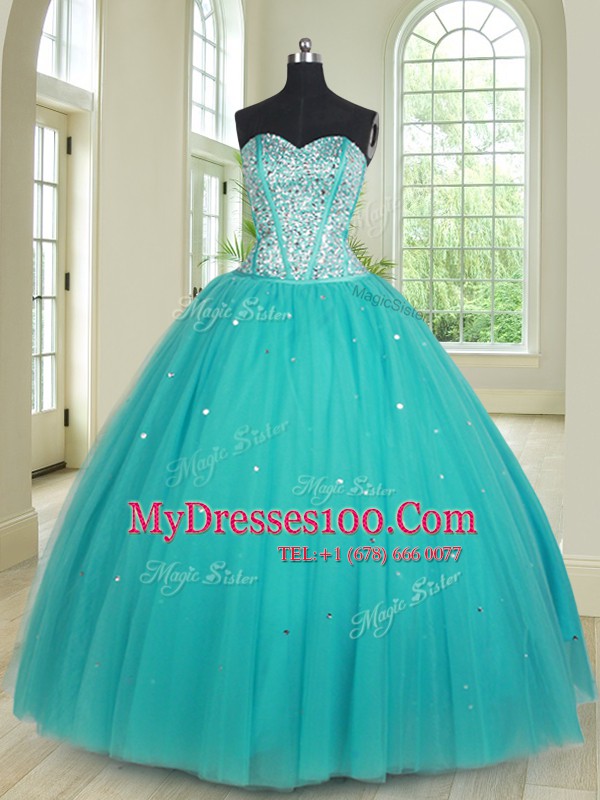 Sleeveless Tulle Floor Length Lace Up Vestidos de Quinceanera in Aqua Blue with Beading