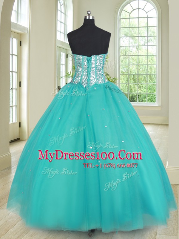 Sleeveless Tulle Floor Length Lace Up Vestidos de Quinceanera in Aqua Blue with Beading