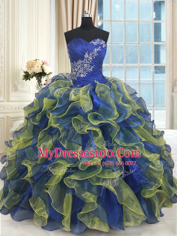 Exceptional Multi-color Lace Up Sweet 16 Dresses Beading and Ruffles Sleeveless Floor Length