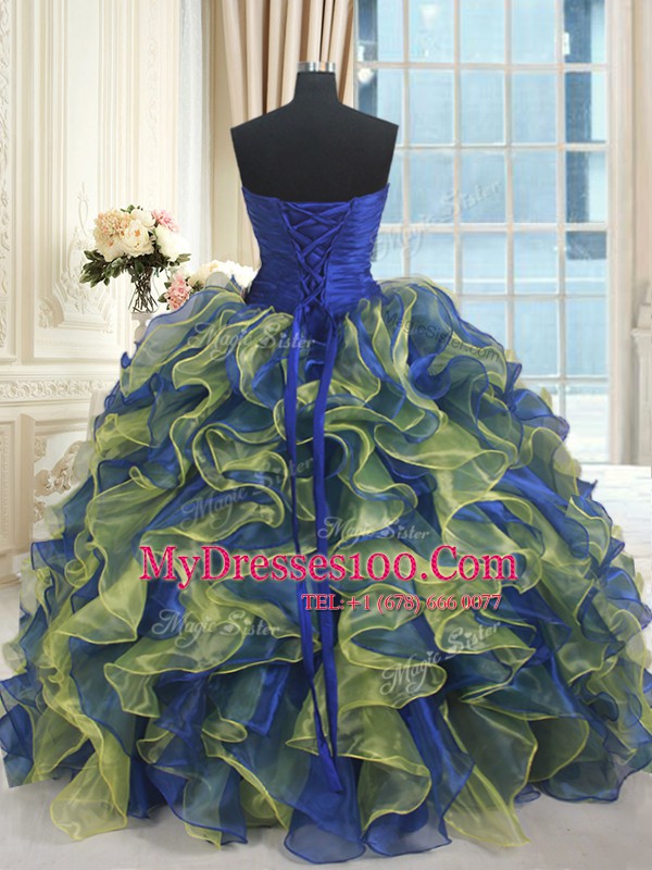 Exceptional Multi-color Lace Up Sweet 16 Dresses Beading and Ruffles Sleeveless Floor Length