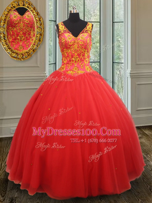 Decent Rust Red Ball Gowns V-neck Sleeveless Organza Floor Length Zipper Beading and Appliques 15 Quinceanera Dress