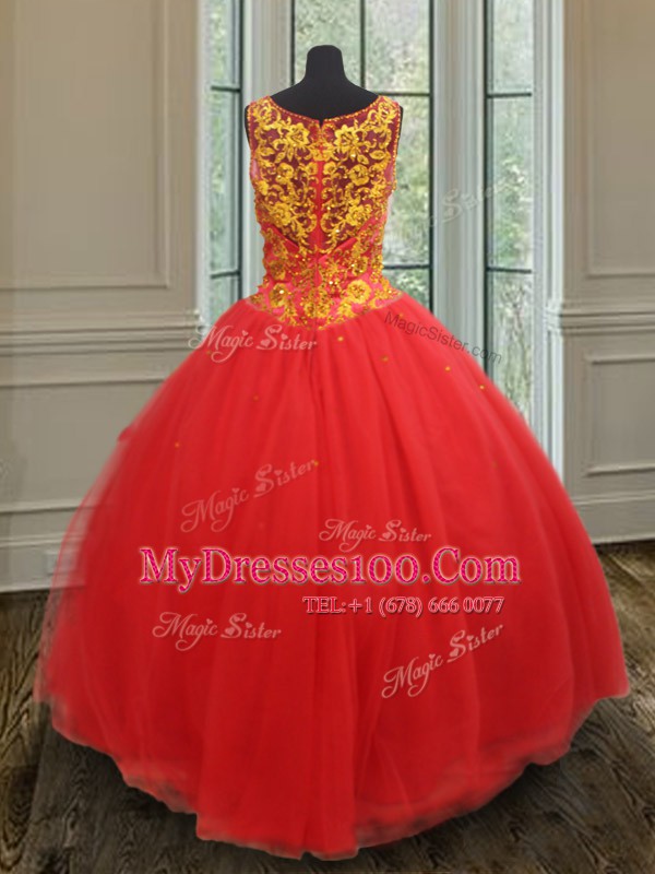 Decent Rust Red Ball Gowns V-neck Sleeveless Organza Floor Length Zipper Beading and Appliques 15 Quinceanera Dress