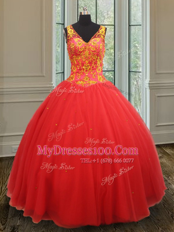 Decent Rust Red Ball Gowns V-neck Sleeveless Organza Floor Length Zipper Beading and Appliques 15 Quinceanera Dress