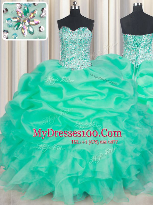 Exceptional Apple Green Sleeveless Beading and Ruffles and Pick Ups Floor Length Vestidos de Quinceanera