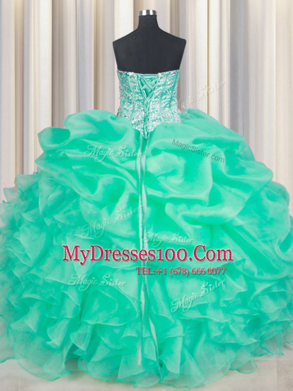 Exceptional Apple Green Sleeveless Beading and Ruffles and Pick Ups Floor Length Vestidos de Quinceanera