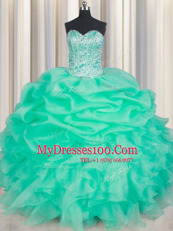Exceptional Apple Green Sleeveless Beading and Ruffles and Pick Ups Floor Length Vestidos de Quinceanera