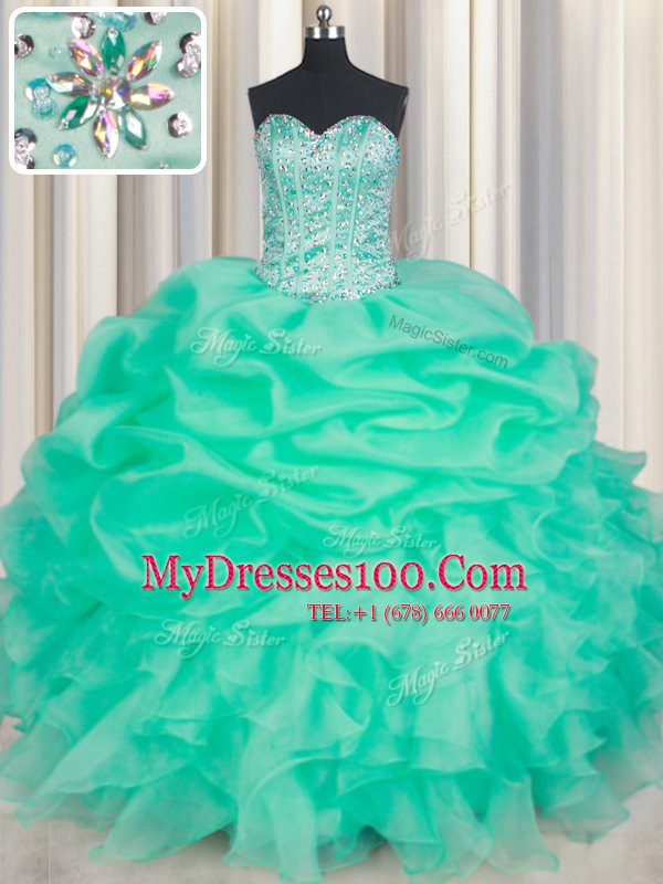 Exceptional Apple Green Sleeveless Beading and Ruffles and Pick Ups Floor Length Vestidos de Quinceanera