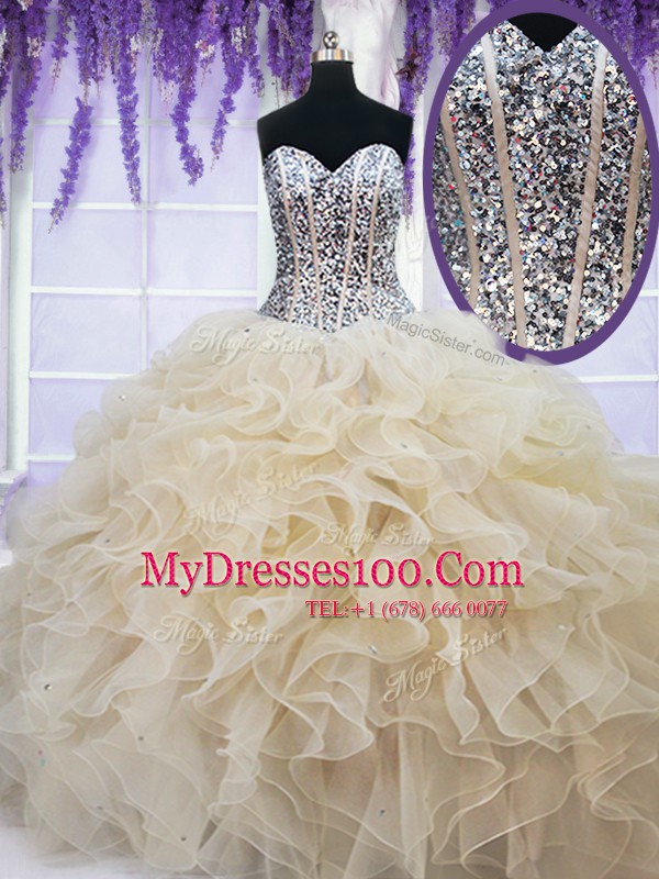 Glorious Champagne Sweetheart Neckline Beading and Ruffles 15 Quinceanera Dress Sleeveless Lace Up
