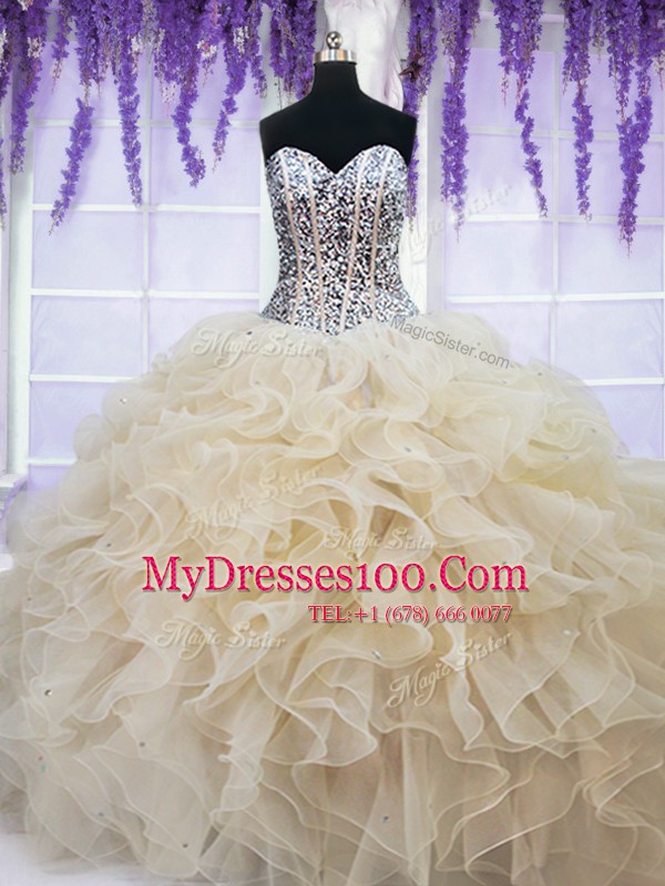 Glorious Champagne Sweetheart Neckline Beading and Ruffles 15 Quinceanera Dress Sleeveless Lace Up