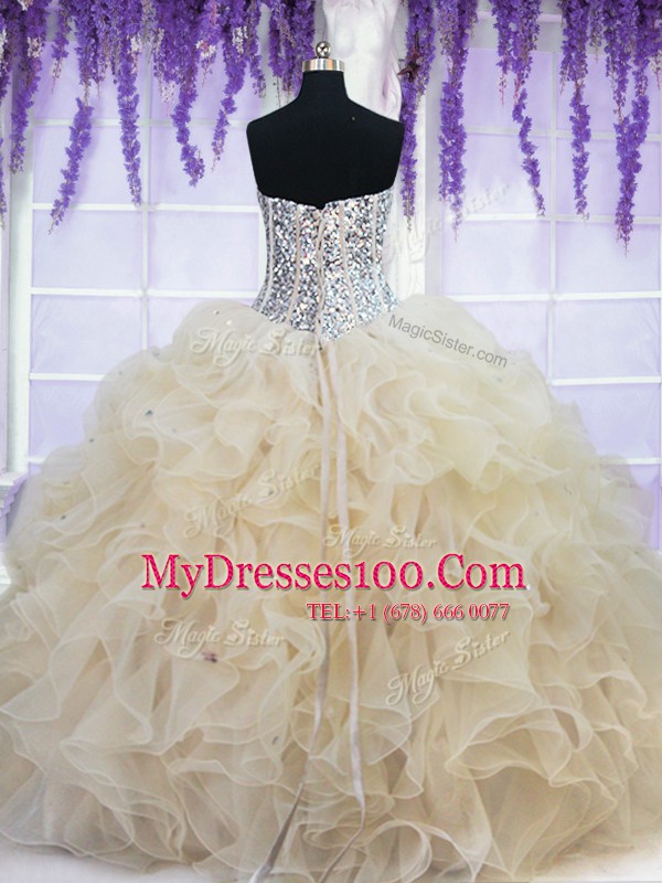 Glorious Champagne Sweetheart Neckline Beading and Ruffles 15 Quinceanera Dress Sleeveless Lace Up