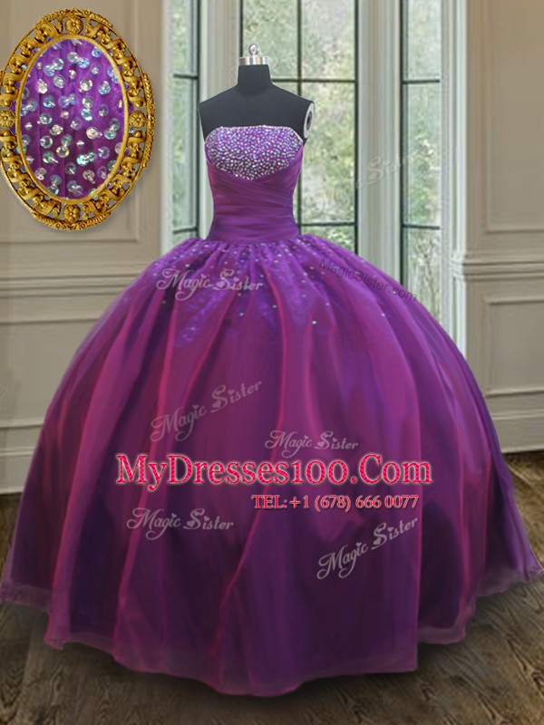 Beautiful Floor Length Purple Sweet 16 Dresses Organza Sleeveless Beading