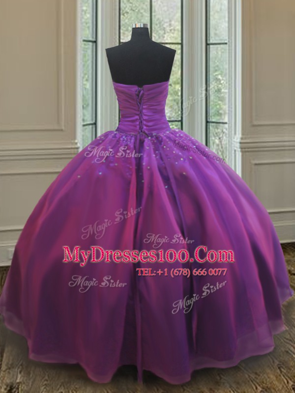 Beautiful Floor Length Purple Sweet 16 Dresses Organza Sleeveless Beading