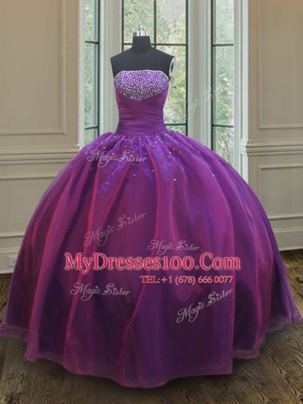 Beautiful Floor Length Purple Sweet 16 Dresses Organza Sleeveless Beading