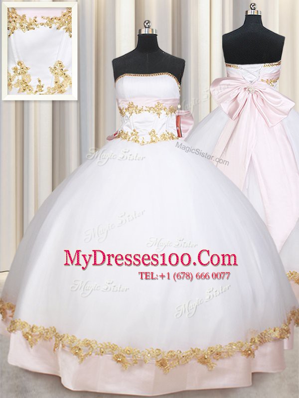 Custom Design Sleeveless Lace Up Floor Length Beading and Appliques and Bowknot Quince Ball Gowns