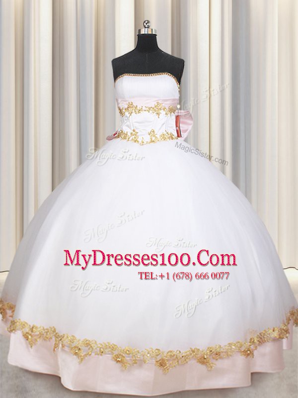 Custom Design Sleeveless Lace Up Floor Length Beading and Appliques and Bowknot Quince Ball Gowns