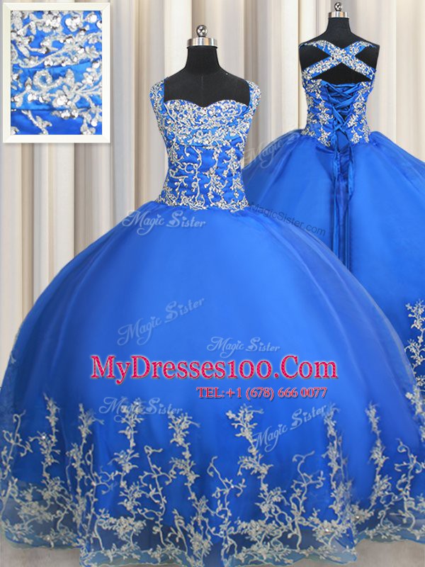 Glorious Tulle Straps Sleeveless Lace Up Beading and Appliques Quince Ball Gowns in Blue