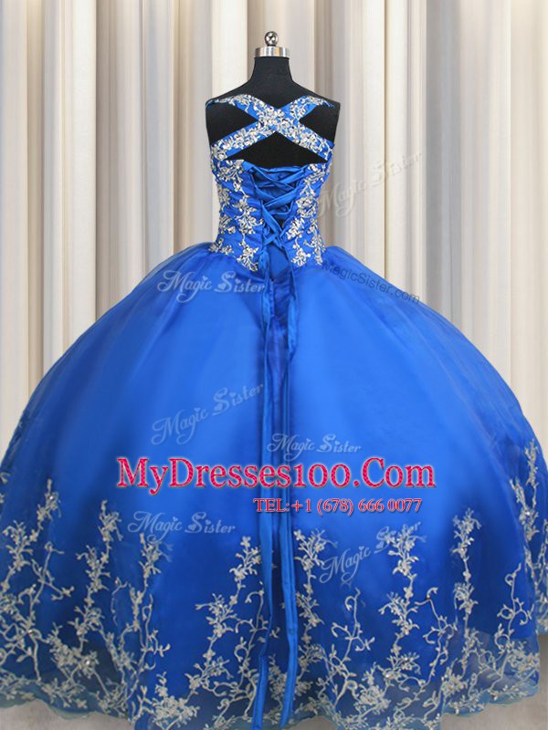 Glorious Tulle Straps Sleeveless Lace Up Beading and Appliques Quince Ball Gowns in Blue