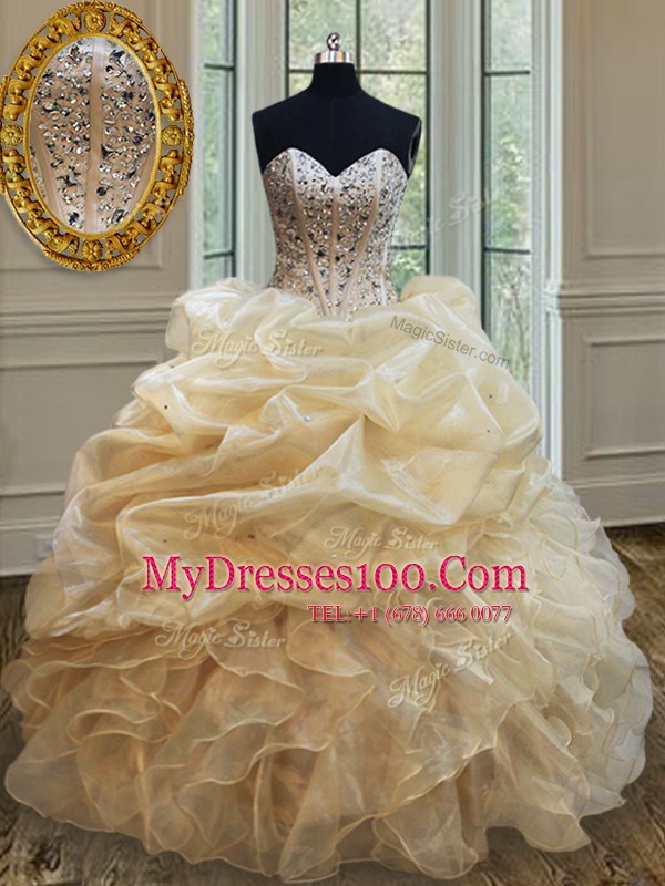 Custom Fit Champagne Organza Lace Up 15 Quinceanera Dress Sleeveless Floor Length Beading and Ruffles