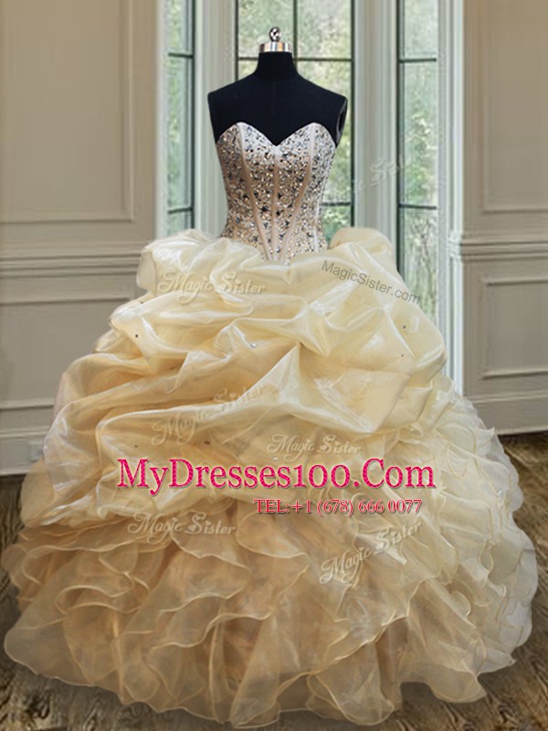 Custom Fit Champagne Organza Lace Up 15 Quinceanera Dress Sleeveless Floor Length Beading and Ruffles
