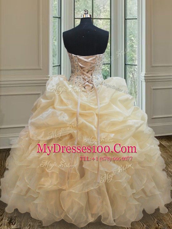 Custom Fit Champagne Organza Lace Up 15 Quinceanera Dress Sleeveless Floor Length Beading and Ruffles
