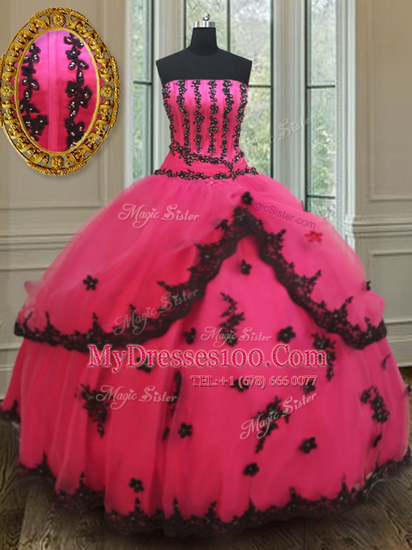 Hot Pink Strapless Lace Up Beading and Appliques Vestidos de Quinceanera Sleeveless