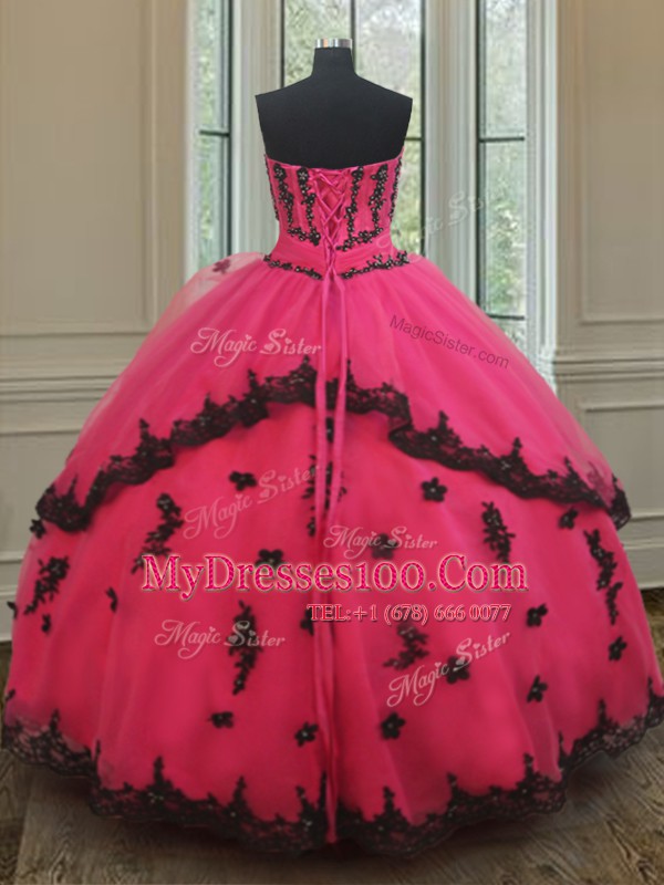 Hot Pink Strapless Lace Up Beading and Appliques Vestidos de Quinceanera Sleeveless