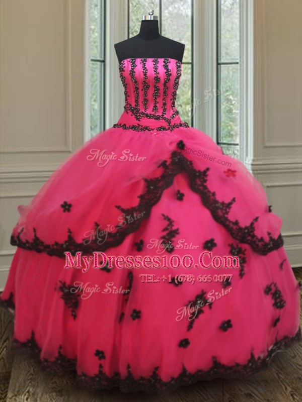 Hot Pink Strapless Lace Up Beading and Appliques Vestidos de Quinceanera Sleeveless