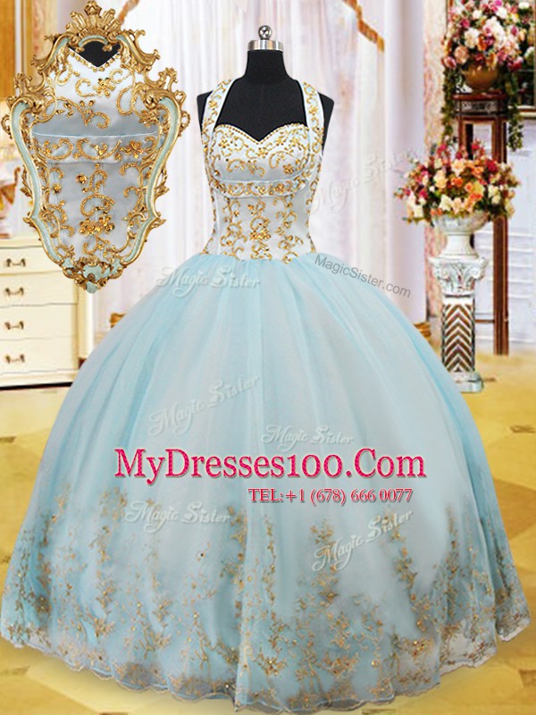 Light Blue Halter Top Lace Up Appliques Sweet 16 Dress Sleeveless