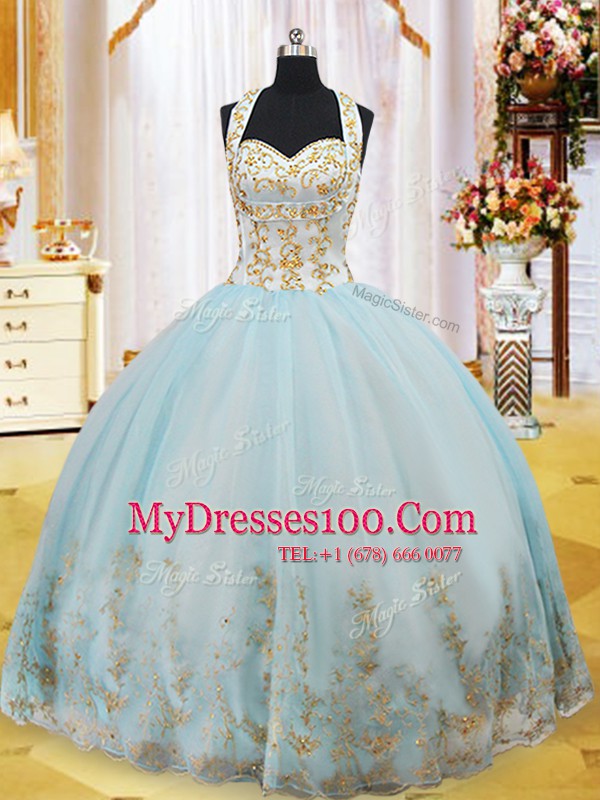 Light Blue Halter Top Lace Up Appliques Sweet 16 Dress Sleeveless